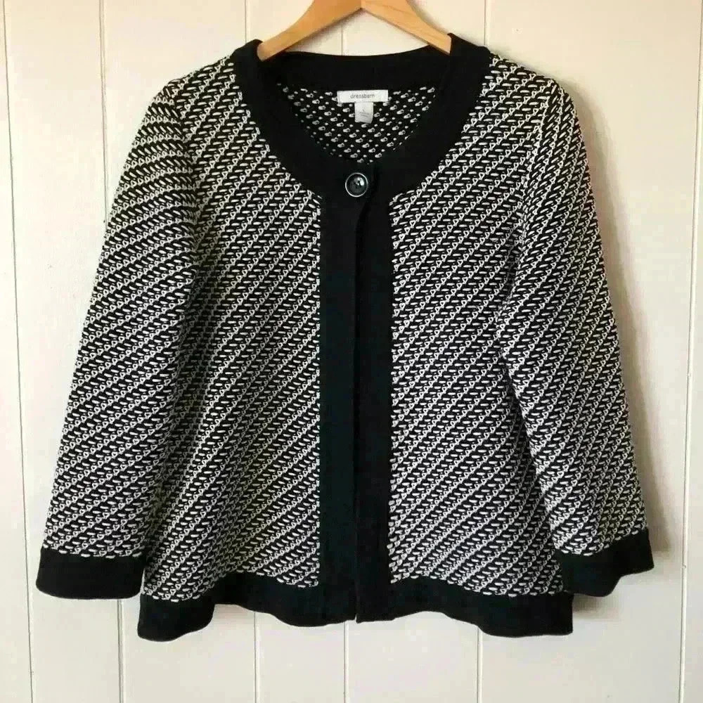 Dressbarn Women's Black and White 3/4 Sleeve Knit Cardigan Size L